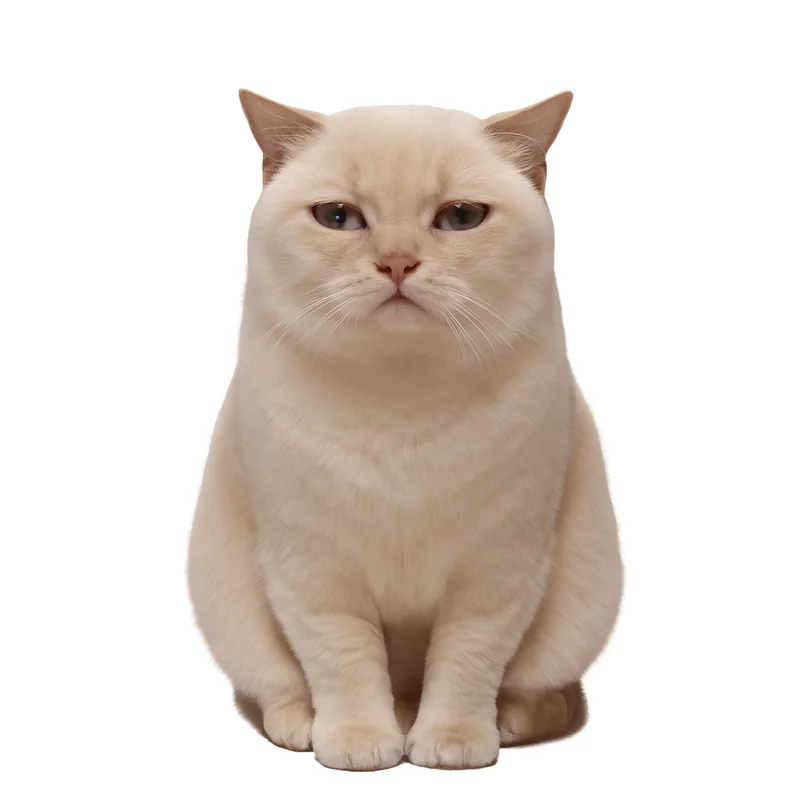 an ordinary beige short-haired cat sitting upright on a plain white background, front paws together, tail wrapped around its feet, tired drooping eyes, no other object in frame